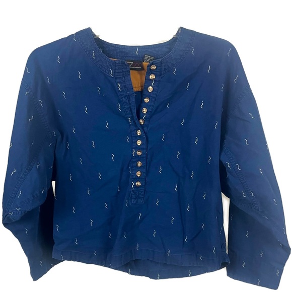 Vintage Tops - Vintage Women’s‎ Boho Henley Printed Blue Pop Over Long Sleeve- Size Small